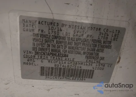 2017 Nissan Versa 1.6 Sv from USA, damaged, VIN 3N1CN7AP9HL823384